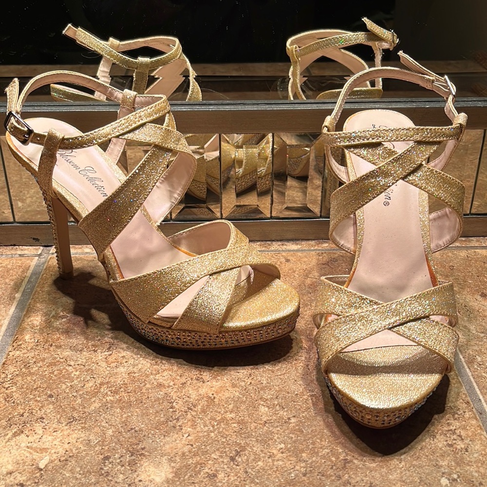 NWT Gold & Rhinestone Platform Heels